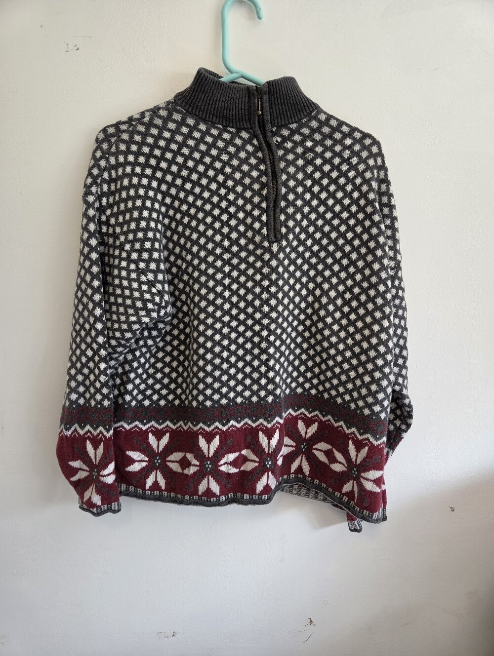Woolrich Black, White & Burgundy Fair Isle Half-Zip Sweater